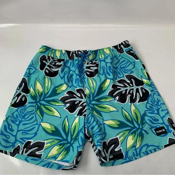 Hurley Board Shorts Men Large Blue Tropical Print Stretch Pockets Surf Swim - Picture 6 of 11